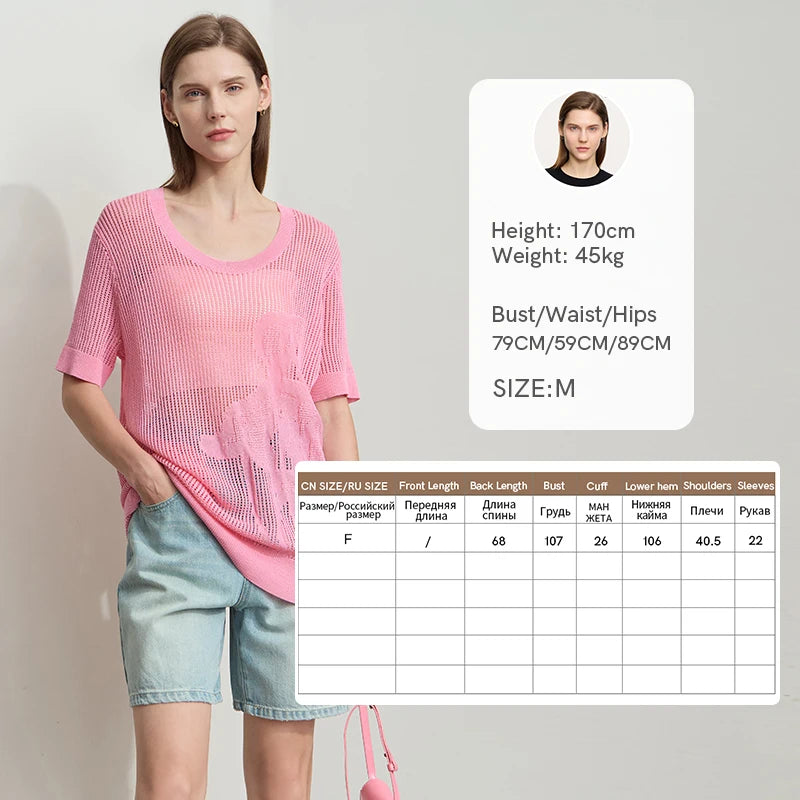 AMII Casual Summer Sweater Women 2026 Short Sleeve U-neck Plant Jacquard Hollow Flowered Wool Sweaters Woman Fashion 12552076