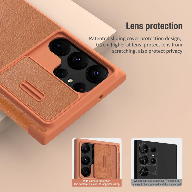 For Samsung Galaxy S23 Ultra Case NILLKIN Leather Qin Leather Case Slide Camera Case For Samsung S23/ S23 Plus Flip Cover