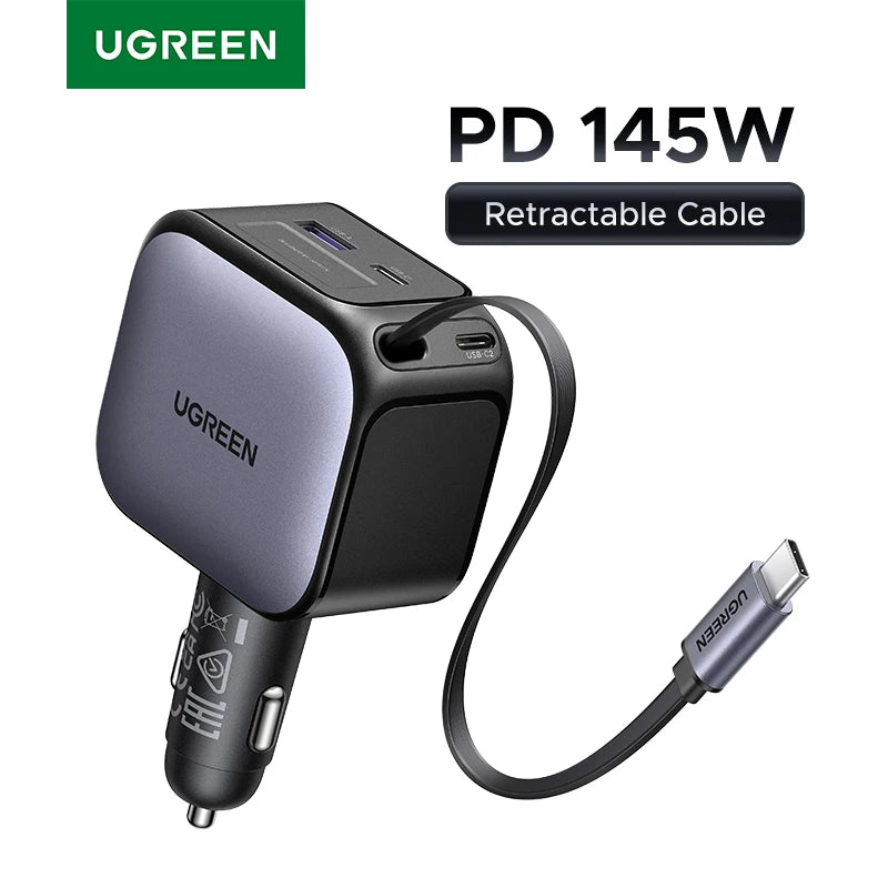 UGREEN USB Type-C Car Charger PD145W 90W 60W Retractable Cable PD SCP AFC PPS Fast Charging For iPhone 18 Pro Max Samsung Xiaomi