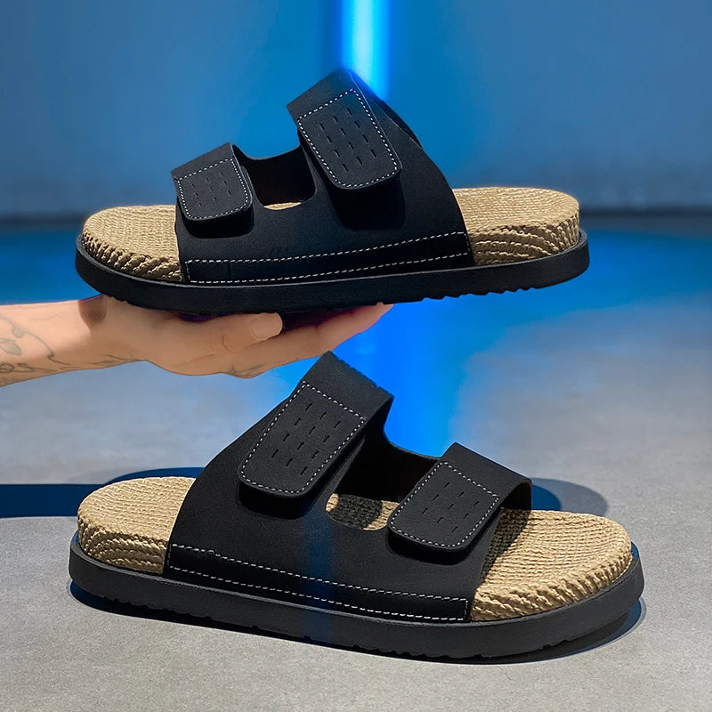 Men's One-strap Woven Slides Slippers Summer New Breathable lightweight Soft Sole anti Slip Outdoor Quick Dry Casual Beach Shoes