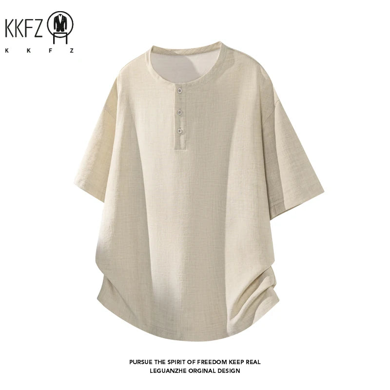 Men Linen Blend Henley Button Collar Short Sleeve Tee Oversized Silhouette Top For Everyday Summer Casual Commute Dressing