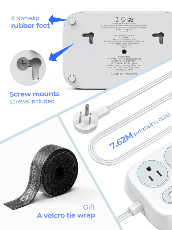ORICO Power Strip with 6 Sockets 2 USB 2 Type C Multi-Size Extension Cord (1250W/10A) for Home, Outdoor, Travel Sockets
