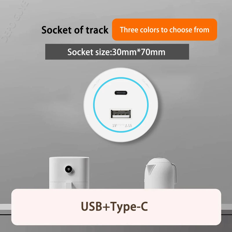 Imitation wood grain Rail Mobile Power Track Socket EU/Universal/UK/USB Type-C Kitchen Bathroom Office Wall Mounted Socket Plugs