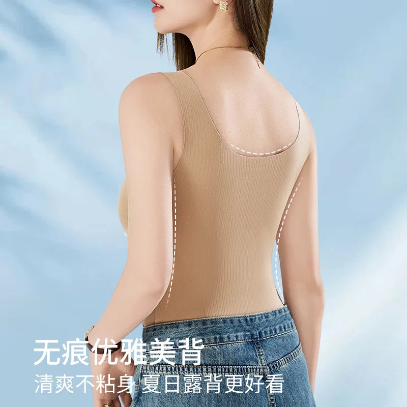 Ice Silk Seamless Outer Wear Suspender Vest Women's Back Underwear with Chest Pads New Base Sleeveless Top One Piece Pajamas