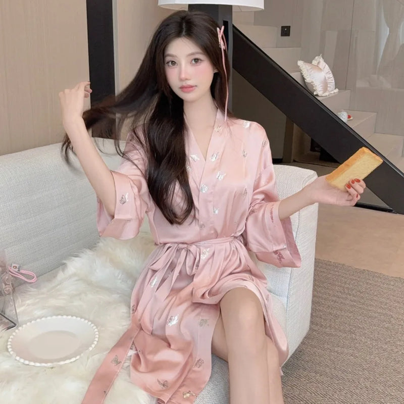 Kimono Robe Sleepwear Comfort Bathrobe Loungewear Woman Clothing New Spring Autumn V Neck Long Sleeve Women's Dressing Gown
