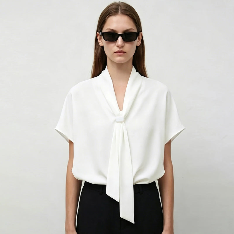 Amii Women's Elegant Blouses 2026 Summer New Patchwork Dolman Sleeve Chiffon Top Tie Neck Loose Casual Women's Clothing 12612016