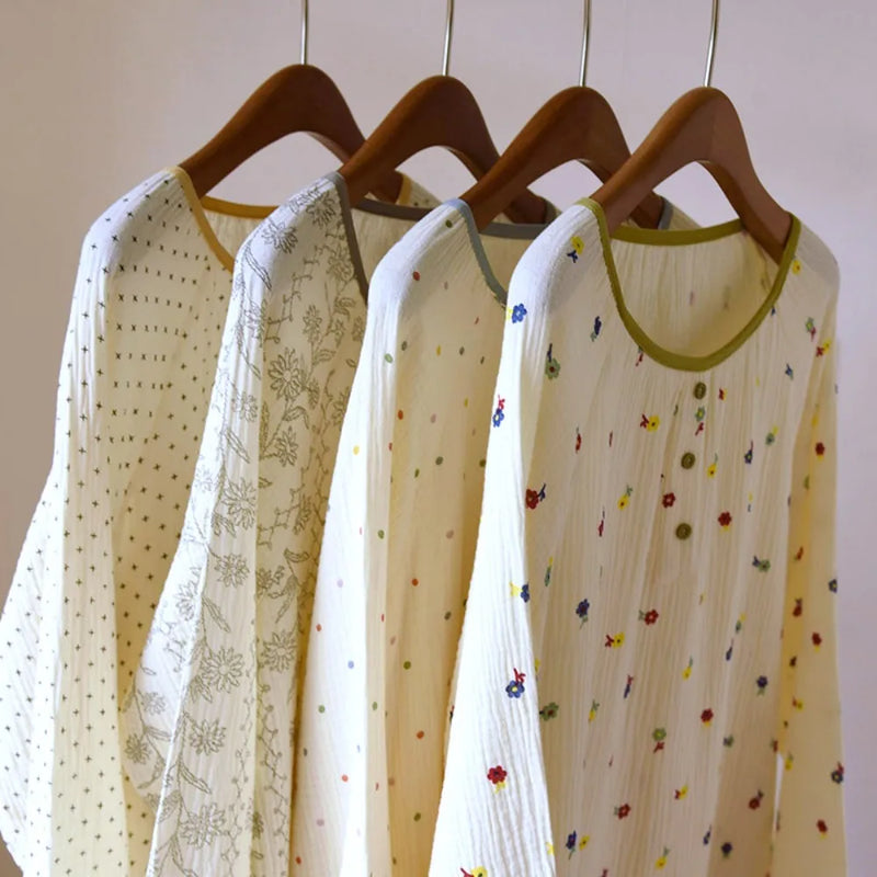 Floral Sleepwear Women's Nightgowns Spring Autumn Long Sleeve One Piece Pajamas Dress Pure Cotton Nightdress Sleeping Clothes