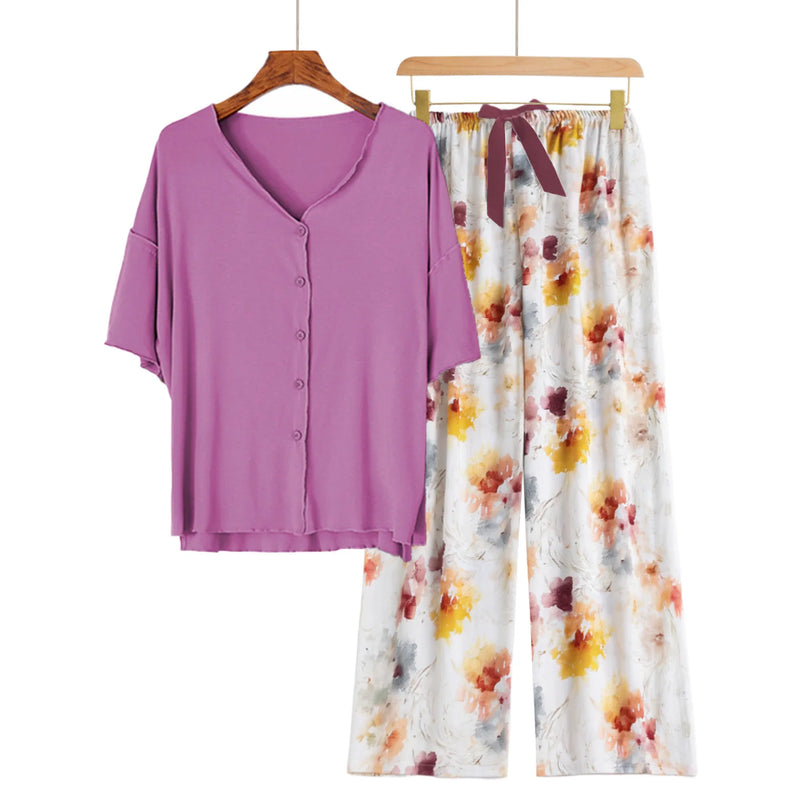 new Summer pajamas set Short sleeve Home suit for women pajama Short Sleeve+Pants Two Piece Thin night wear female nightwear