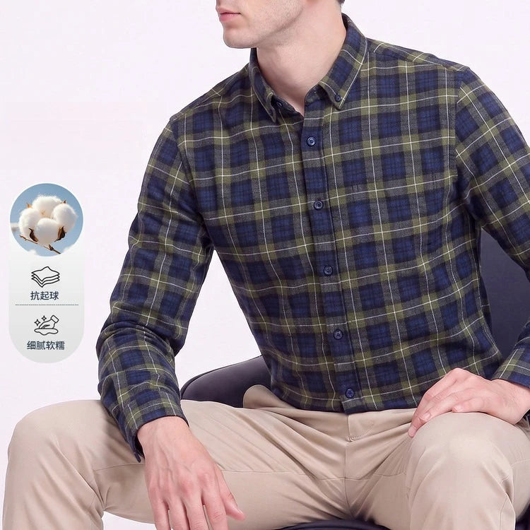 Men's 100% Cotton Brushed Plaid Long Sleeve Shirt – Soft Flannel Casual Button-Down for Outdoor & Daily Wear