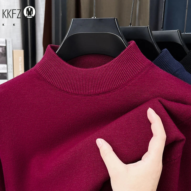 Daily Basic Knit Sweater Men Long Sleeve Mock Neck Rib Collar Autumn Walking Business Casual Pullover