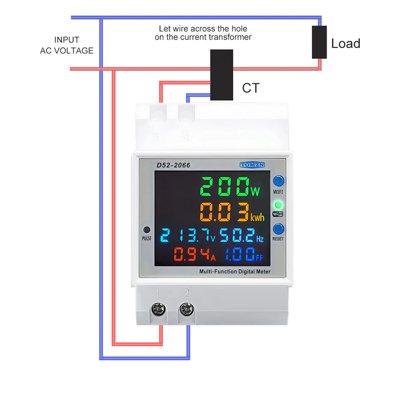 TOMZN WiFi Smart 6-in-1 AC Monitor 110/220V 100A Factor Active Energy Frequency Tuya kWh DIN Rail Measures Voltage Current Power
