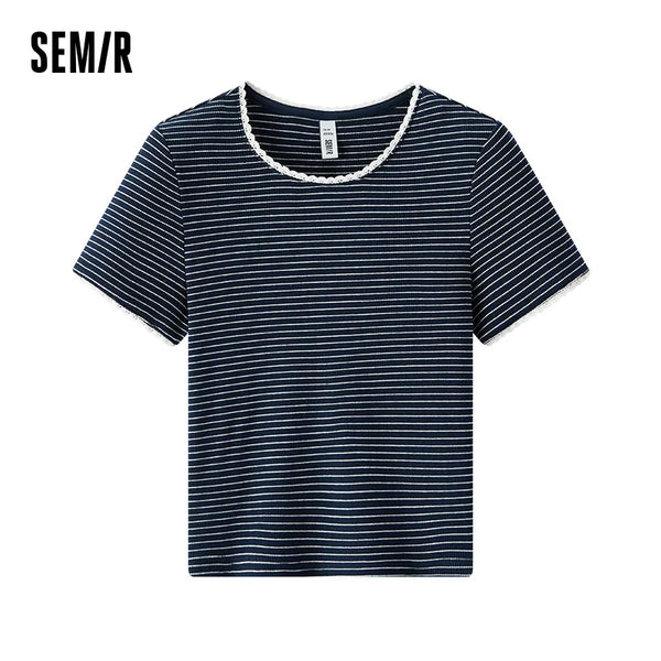 អាវយឺតនារី Semir ឆ្នាំ ២០២៦ កអាវខ្លី ចរ ស្ដើង ឆ្នូត ឆើតឆាយ ទន់ភ្លន់ ធម្មតា ទន់