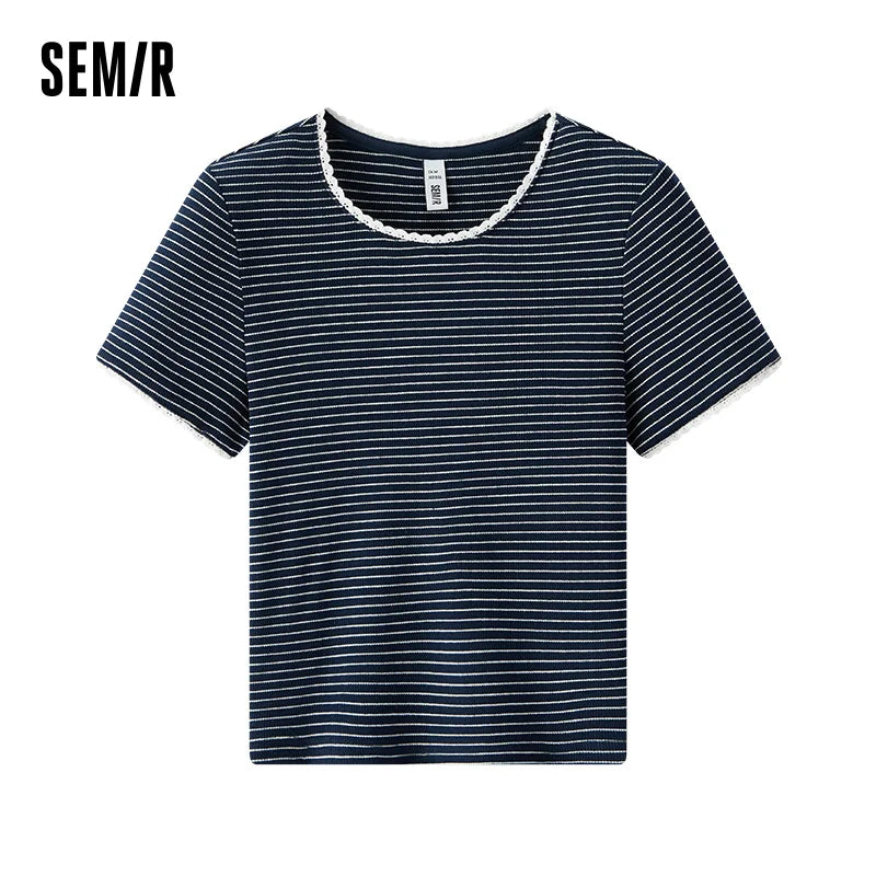 Semir Womens Tshirt 2026 Short Lace Crew Neck Slim Striped Elegant Gentle Casual Soft