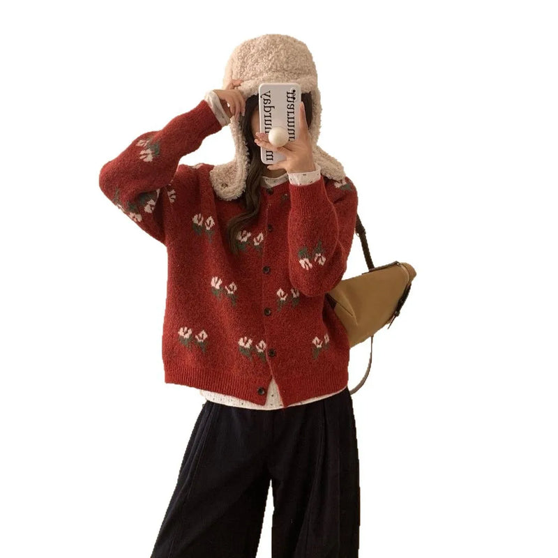 Korean Retro Small Floral Lazy Wind Top Female Niche Versatile Sweater Cardigan Knitted Jacket for Women Clothes Short Coat