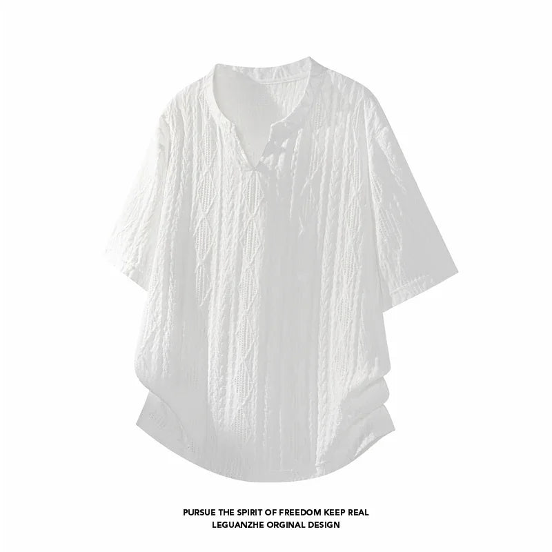 Men Casual Henley V Neck Short Sleeve Top Hollow Jacquard Weave Breathable Cloth For Street Daily Matching Scenarios