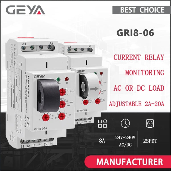 រេឡេឧបករណ៍ចាប់សញ្ញាចរន្ត DC GEYA GRI8-06 ទទឹង 18mm 2CO 8A រេឡេសាកល្បងចរន្ត AC/DC ជួរធំទូលាយ 24V-240V