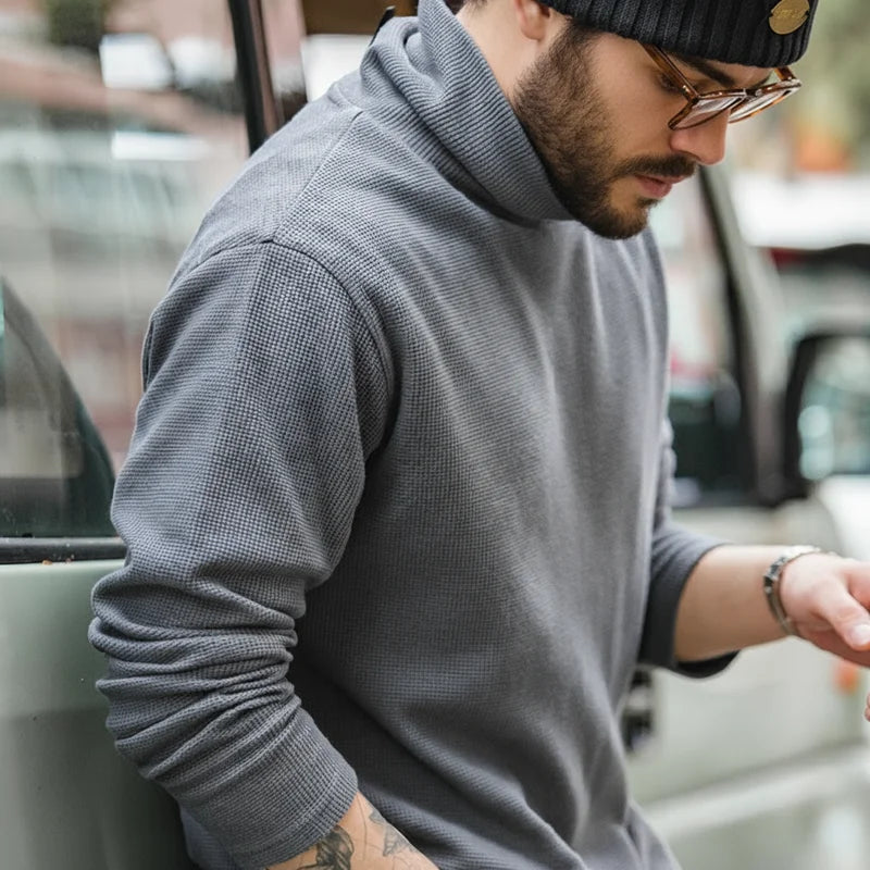 Maden Casual Gray Knitted Turtleneck Sweaters Men's Vintage 310g High Collar Waffle Pullovers Basic Fashion Black Warm Jumper