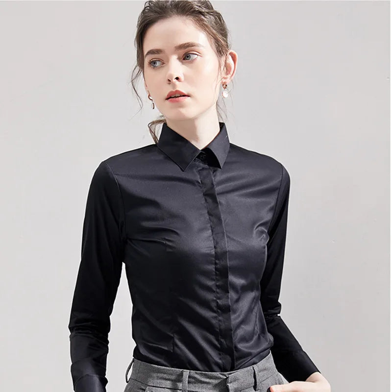 Women's White Collared Long-Sleeved Shirt, Solid Color Business/Office Non-Iron Wrinkle-Resistant Shirts. Black, Gray, Blue Tops
