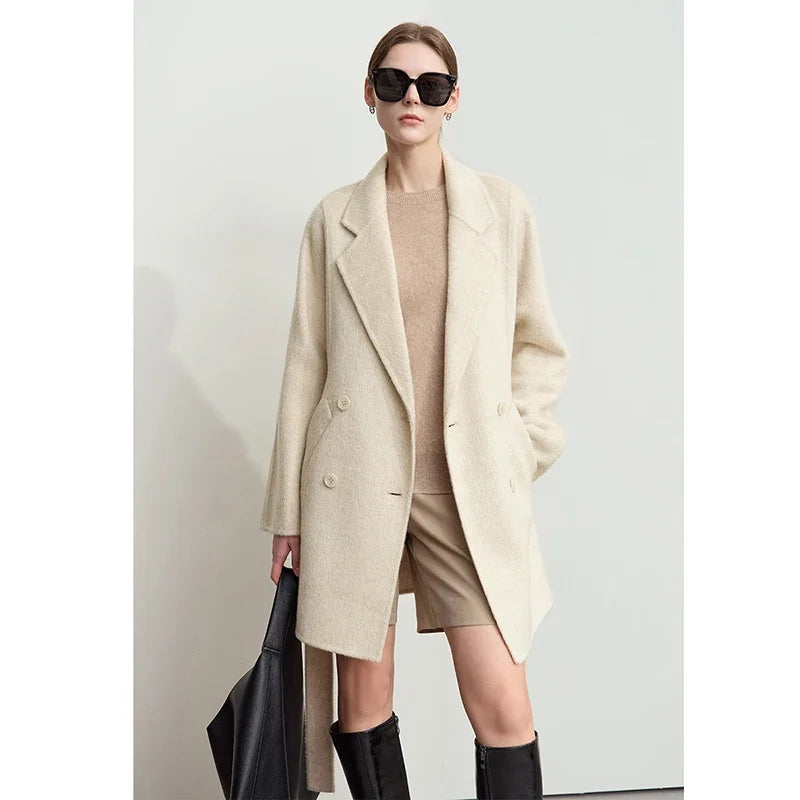 អាវរោមចៀម AMII Minimalism Alpaca សម្រាប់ស្ត្រីជាមួយខ្សែក្រវ៉ាត់ឆ្នាំ ២០២៥ រដូវរងាថ្មី Lapel Collar អាវធំពីរជាន់ 12454031