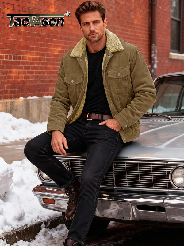 TACVASEN Men's Winter Corduroy Sherpa Lined Warm Turn-Down Collar Jacket Daily And Outdoor Long Sleeve Coat With Utility Pocket