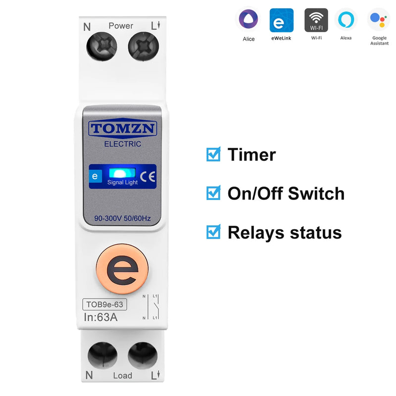 TOMZN Ewelink 1P+N 63A 110V 220V WIFI Smart Switch Energy Meter Kwh Metering Circuit Breaker Timer Relay for Smart Home