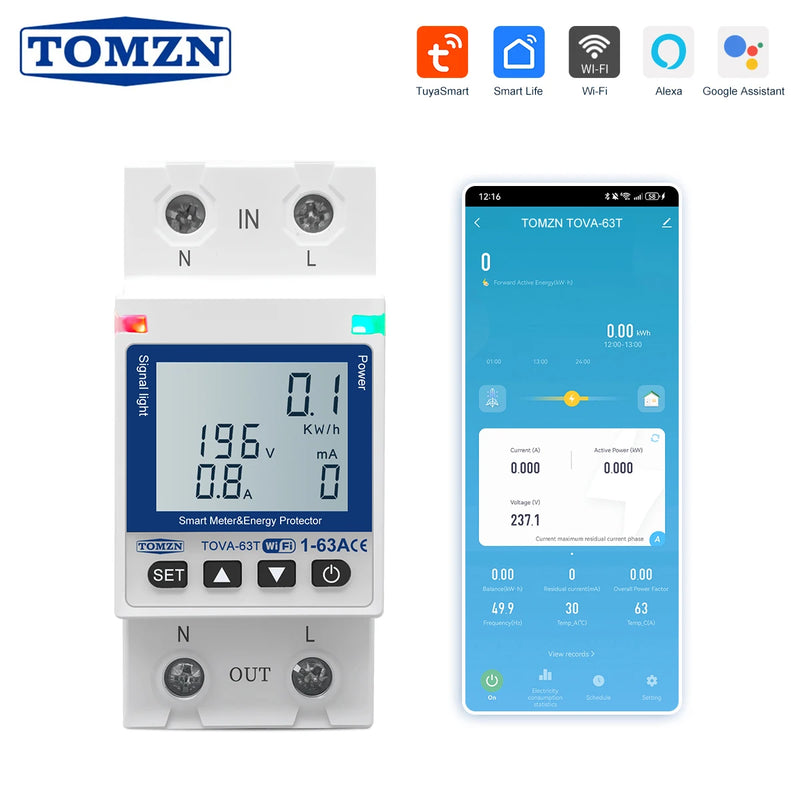 TOMZN Smartlife 63A 110V 220V TUYA WIFI Circuit Breaker Energy Meter Metering Timer With Voltage Current Leakage Protection