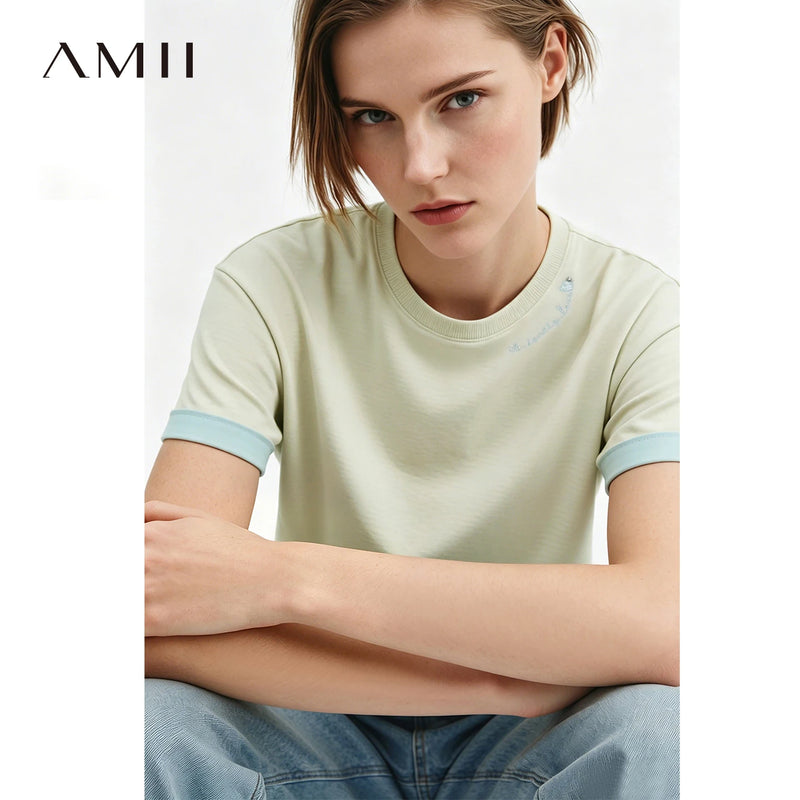 Amii Women's T-Shirt 2026 Summer New O-Neck Letter Embroidered Color Block Tee Loose Versatile Casual Women T Shirts 12642022