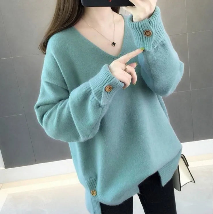 Oversized Autumn Winter Korean Women's Sweater Loose Knitted Jumper V Neck Long Sleeve Top Female Thick Warm Pullover Knitwear