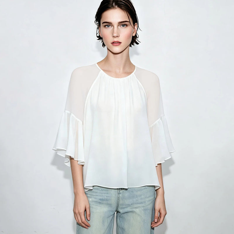 Amii Women's Blouse 2026 Summer New Loose Elegant Office Chiffon Tops Round Neck Raglan Sleeve Casual Shirt for Women 12622213