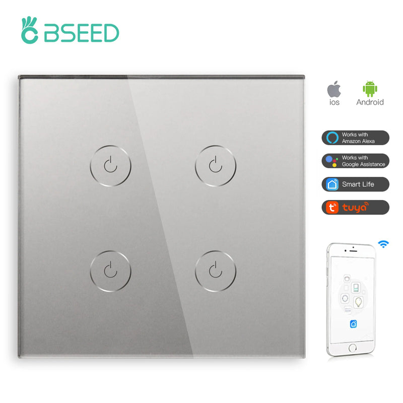BSEED WIFI Wall Switches Smart Touch Screen LED Light Switches 1/2/3Gang 1/2/3Way Google Alexa App Power Switches Neutral Wire