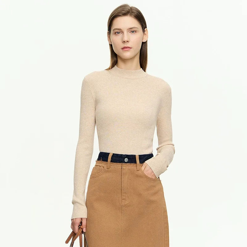 AMII Sweater for Women Minimalism Mock Neck 2026 Autumn New Slim Office Lady Knitted Tops Female Long Sleeve Pullovers 12313001