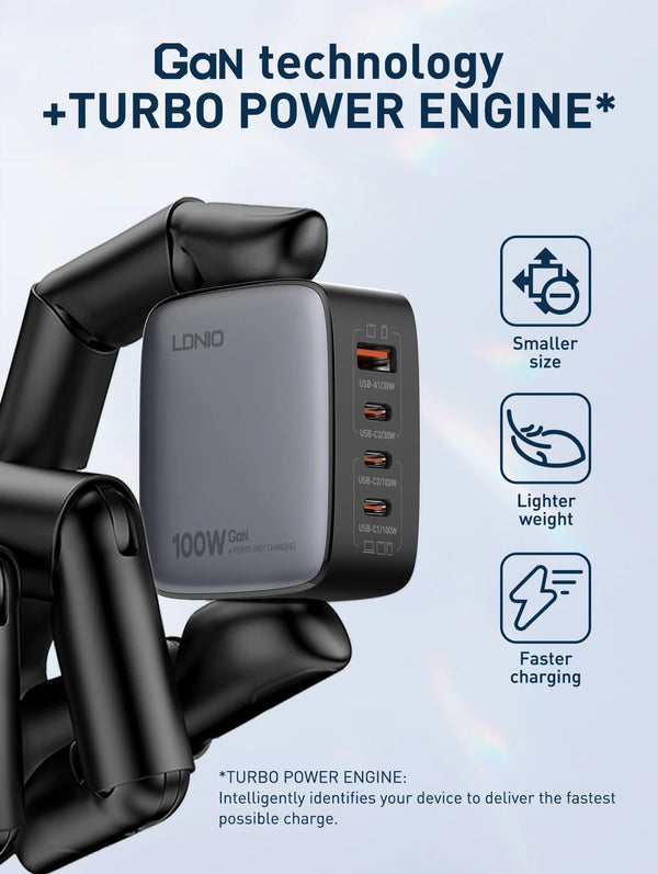 ឆ្នាំងសាក LDNIO 100W USB C ឆ្នាំងសាកចល័ត GaN សម្រាប់ធ្វើដំណើរ ឆ្នាំងសាកកុំព្យូទ័រយួរដៃច្រើនច្រក ឆ្នាំងសាកជញ្ជាំង ឆ្នាំងសាកថាមពល ដោតសហរដ្ឋអាមេរិក សហភាពអឺរ៉ុប ចក្រភពអង់គ្លេស