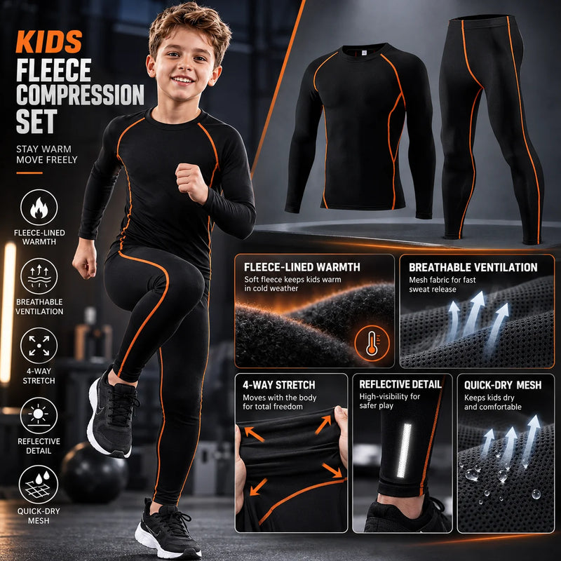Kids Fleece-Lined Thermal Underwear Set Long Sleeve Compression Top Pants Warm Base Layer for Football Basketball Fitness