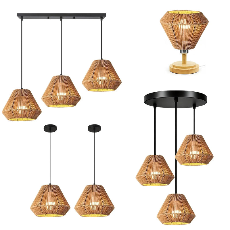 JOYINLED 3-Lights Handmade Pendant Lamp Boho Natural Rattan Ceiling Hanging Light Fixture Living Room Home Decor LED Chandelier