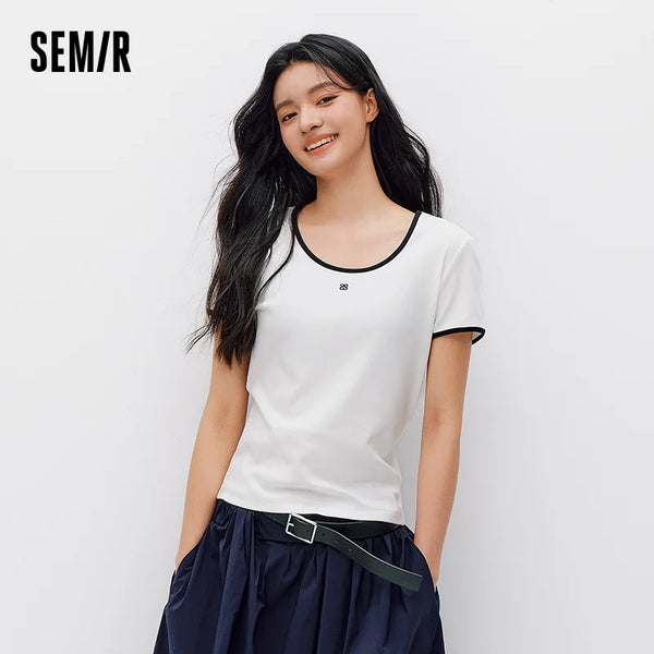 អាវយឺត Semir សម្រាប់នារី មានអារម្មណ៍ត្រជាក់ ក រាងអក្សរ U ត្រង់ ស្មា ស្លីម ប៉ាក់ រដូវក្តៅ ឆ្នាំ២០២៦ ម៉ូដធម្មតា
