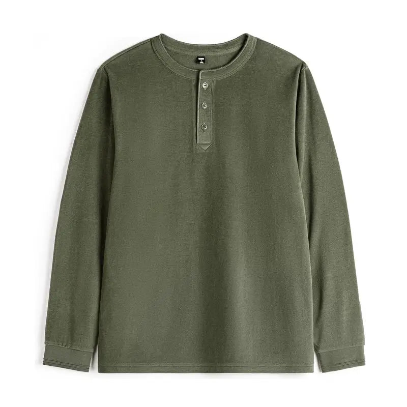 អាវបុរស Maden Henley ដៃវែង អាវក្រៅមានស្រទាប់ក្រណាត់ Fleece រាងស្លីម ស្រទាប់ពណ៌ធម្មតា អាវក្រៅធ្វើការ រដូវស្លឹកឈើជ្រុះ