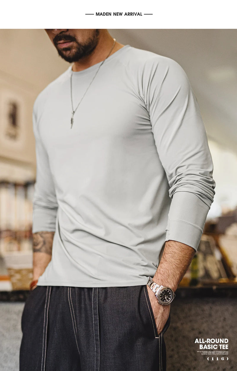 អាវយឺតកីឡា Maden សម្រាប់បុរស Amekaji Raglan Sleeve ស្ងួតរហ័ស ការពារកម្តៅថ្ងៃ ពណ៌រឹង ដៃវែង ត្រជាក់ ប៉ះបាត អាវយឺតរដូវផ្ការីក