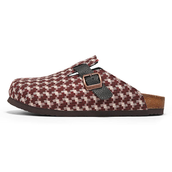 Mens Houndstooth Plaid Print Cork Footbed Clogs, Adjustable Buckle Closed-Toe Mules, Comfort Slip-On Shoes for Indoor & Outdoor