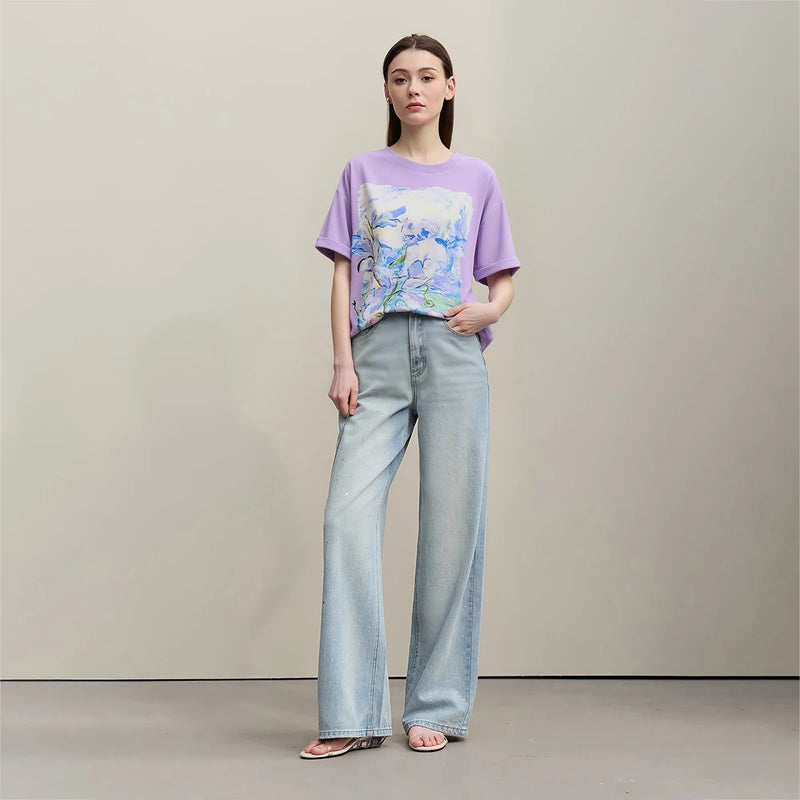 អាវយឺត Amii Minimalism សម្រាប់ស្ត្រី 2025 រដូវក្តៅថ្មី ដៃខ្លី កប្បាស មធ្យម សិល្បៈ គំនូរប្រេង បោះពុម្ព អាវធម្មតាសម្រាប់ស្ត្រី 12642221