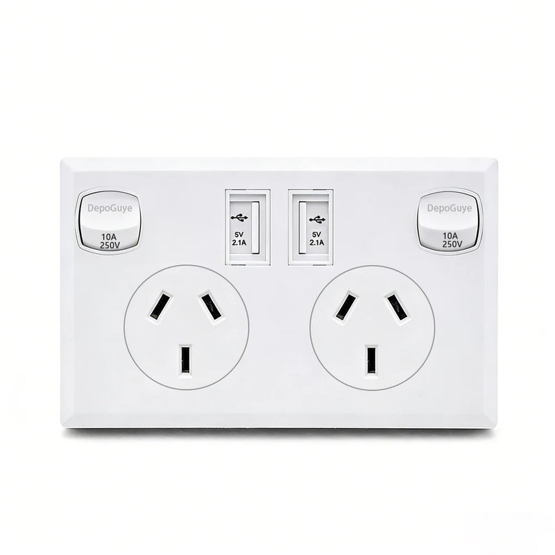 Australian Standard Usb Wall Dual Socket with 2gang Switch, Au Plug Adapter Mobile Phone Charging Power 10A Socket 118mm*72mm
