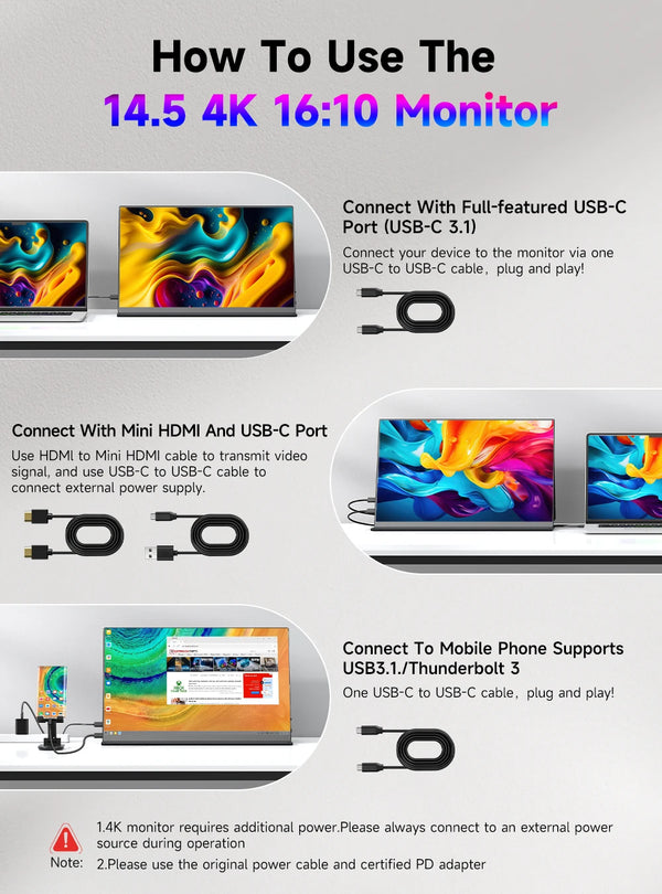 ម៉ូនីទ័រចល័ត PERFECT ទំហំ 14.5 អ៊ីញ 4K 60Hz អេក្រង់ IPS 16:10 ជាមួយជើងទម្របង្ហាញទីពីរប្រភេទ C Mini HDMI សម្រាប់ MAC/កុំព្យូទ័រយួរដៃ/កុំព្យូទ័រ/Xbox/PS5