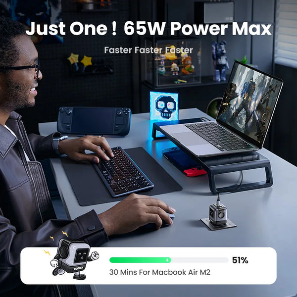 ឆ្នាំងសាក UGREEN 65W GaN ឆ្នាំងសាក Uno Robot Design Quick Charge 4.0 3.0 PPS PD Fast Charger សម្រាប់ iPhone 18 17 16 Pro Macbook Laptop Tablet