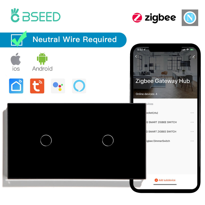 BSEED Zigbee Smart Switch Double 1/2/3Gang 1/2/3Way Wireless Light Switch Support Tuya Google Home App Alexa Voice Control