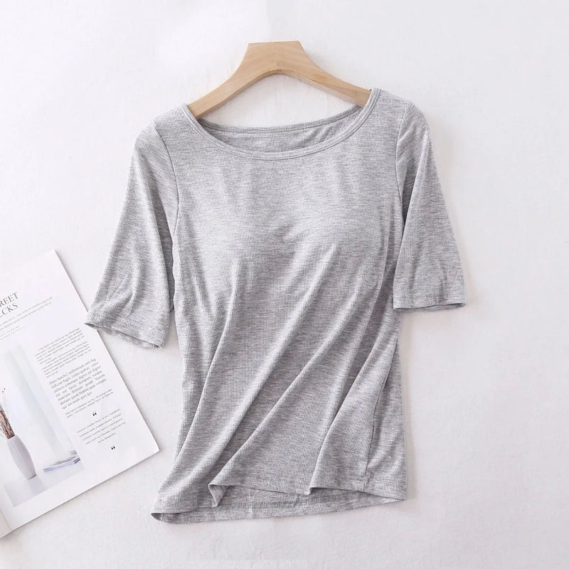 One Piece Pajamas Tops For Women New Short Sleeve Modal Cotton Sleepwear T-shirt Chest Pad Casual Underwear Sleeping Pijama