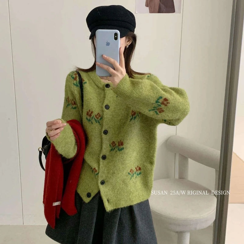 Korean Retro Small Floral Lazy Wind Top Female Niche Versatile Sweater Cardigan Knitted Jacket for Women Clothes Short Coat