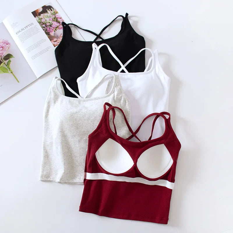 Cotton Chest Pads Vest Beautiful Back Suspenders Integrated Bra Sleepwear Top Slim Bottoming Underwear Women One Piece Pajamas