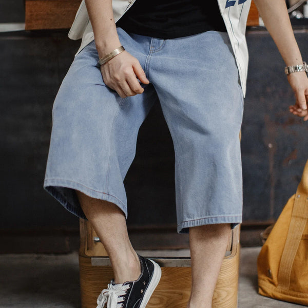 ខោខ្លី Maden សម្រាប់បុរស ខោខ្លី Denim បុរាណ ខោខ្លី Jean លាងសម្អាត សម្លៀកបំពាក់អាមេរិក ខោខ្លីរដូវក្តៅ រលុង សម ត្រង់ ប្រវែងប្រាំពីរអ៊ីញ