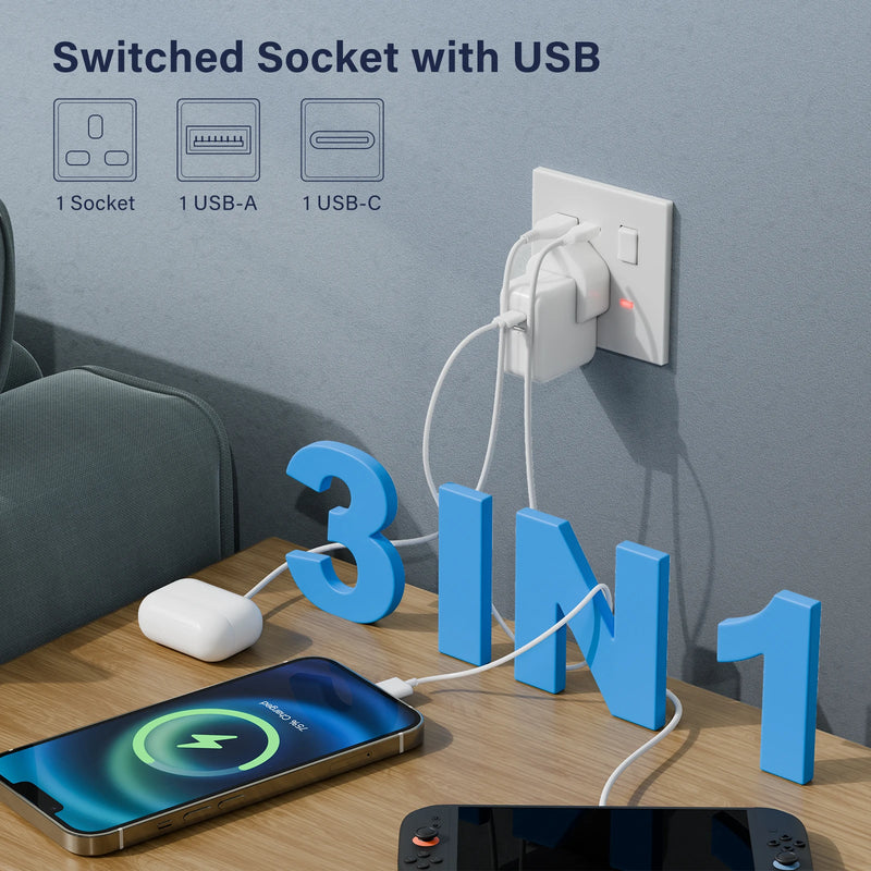 BSEED UK Standard Switched Wall Socket with USB Type-C Port 13A Electric UK Outlet with Switch On Off Integrated Panel Plastic