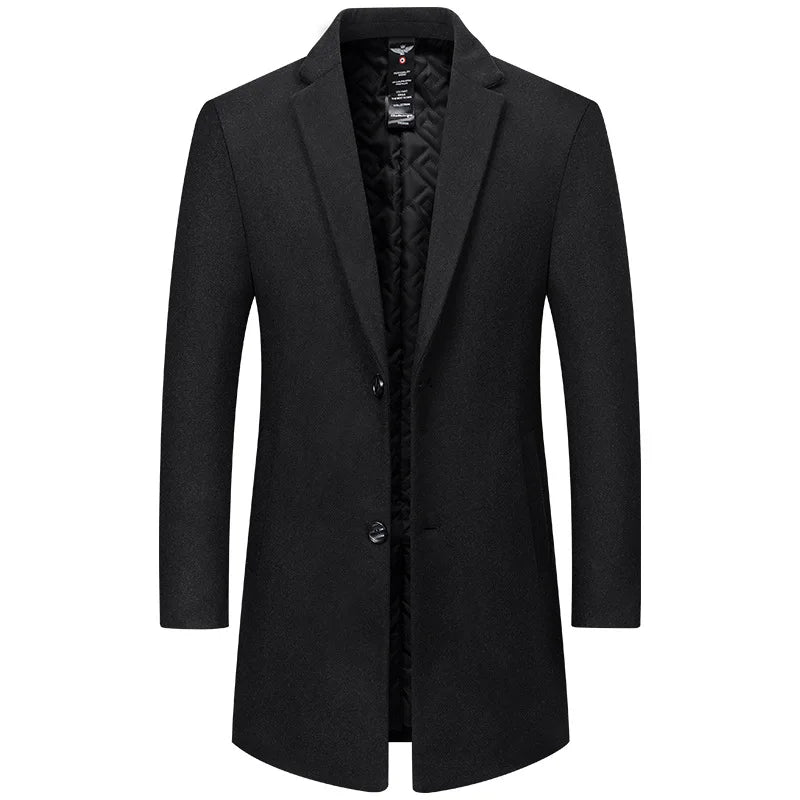 Men's Wool Trench Coats for Fall and Winter; Warm, Business-casual Long Jackets Available in Gray, Blue, and Black. 2027 New