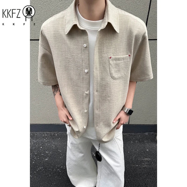 Men Loose Oversized Short Sleeve Button Shirt Lapel Collar Linen Blend Weave Chest Pocket For Summer Street Leisure